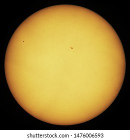 Astro Photo Of Mercury Transit Across The Disk Of The Sun Made Through A Refracting Telescope By Amateur Astronomer. Sun Surface With Spots. Collage Of Several Pictures Taken On May 9, 2016