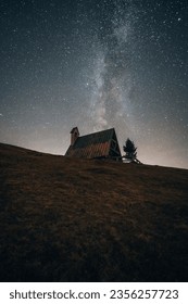 Astro photo of small church at Passo Giau pass in Dolomites South Tyrol Italy