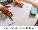 An astrologer draws with a pencil on a natal chart.