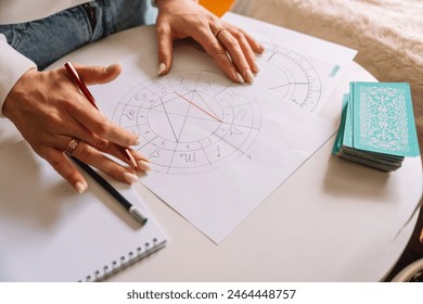 An astrologer draws with a pencil on a natal chart. - Powered by Shutterstock