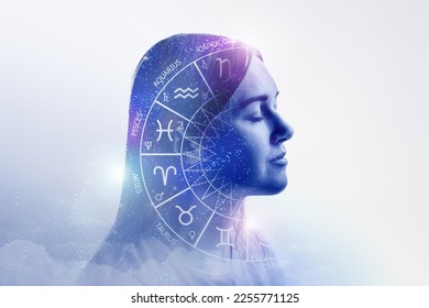 Astrological forecast creative concept. Silhouette of a young girl in profile with the zodiac circle and signs of the zodiac
