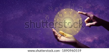 Astrological zodiac signs inside of golden horoscope circle. Astrology, knowledge of stars in the sky over the milky way. The power of the universe concept. Copy space.