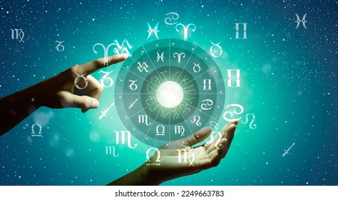 Astrological zodiac signs inside of horoscope circle. Astrology, knowledge of stars in the sky over the milky way and moon. The power of the universe concept. - Powered by Shutterstock