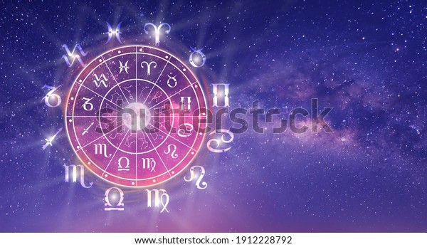 Astrological zodiac signs inside of\
horoscope circle. Astrology, knowledge of stars in the sky over the\
milky way and moon. The power of the universe\
concept.