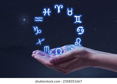 Astrology. Woman with zodiac wheel against starry night sky, closeup - Powered by Shutterstock