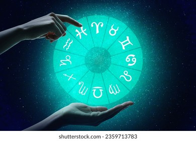 Astrology. Woman with zodiac wheel against starry night sky, closeup - Powered by Shutterstock