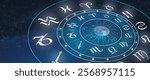 Astrology Zodiac sign of Horoscope in deep blue the star and the moon background. Magic power of fortune in the universe Concept.