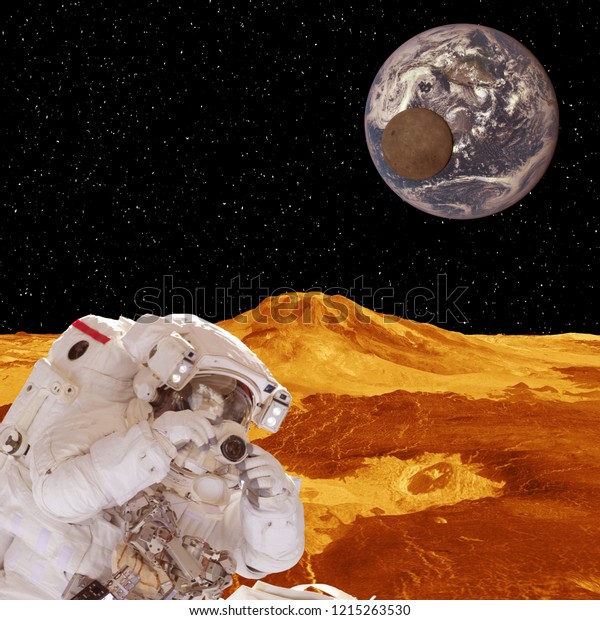 Astronaut with camera and far\
planet. Space mission. The elements of this image furnished by\
NASA.\
