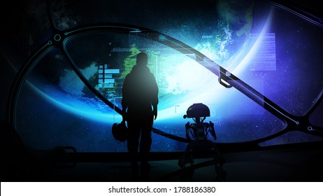 Astronaut With Droid At The Porthole Of A Ship In Orbit Of The Earth.