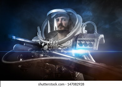 Astronaut, Fantasy Warrior With Huge Space Weapon