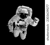 astronaut flies over the black backgrounds.