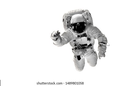 astronaut flies over the white backgrounds. Elements of this image furnished by NASA