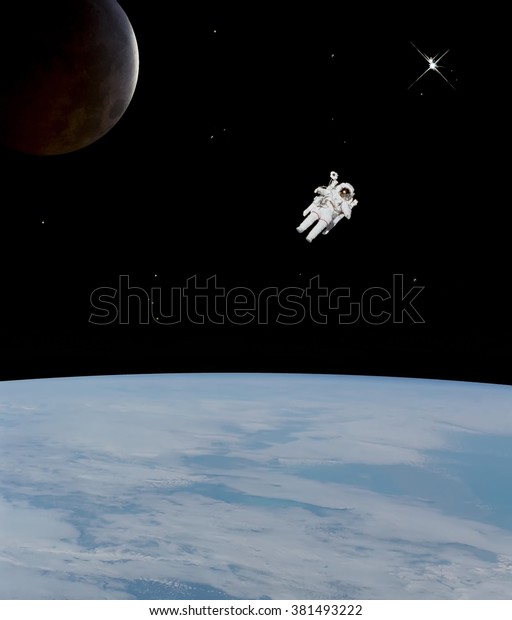 astronaut floating in space with moon\
and earth displayed \
(some elements courtesy of\
nasa)