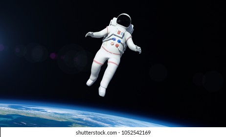 Astronaut Is Flying Over The Planet Earth. Astronaut Pushing The Boundaries Of Exploration.