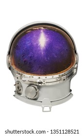 Astronaut Helmet Isolated With Clipping Path On White Background. Moon Reflection Added