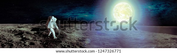 Astronaut landing on moon. Spacewalk\
on the moon. Panoramic view of the moon surface and the earth\
planet at light. Elements of this image furnished by\
NASA.