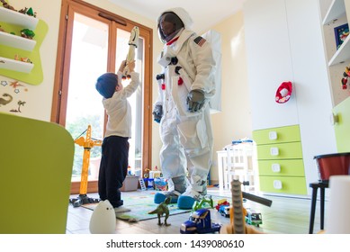 Astronaut Looking Deep Space, Galaxy And Planets From The Window Of His Capsule. Concept About Science And Space Exploration