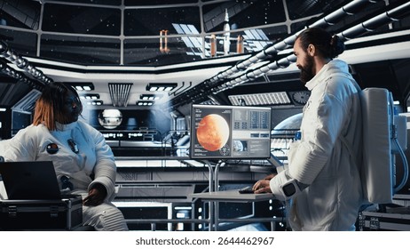 Astronaut looking at planet visualization before stepping out for scheduled operations outside space station. Cosmonaut in spacecraft powered by advanced engineering landing on planet