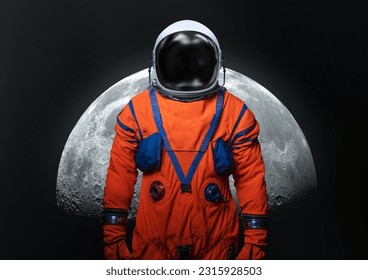 Astronaut and Moon on black background. Future Artemis mission from Earth planet on Moon satellite. Spaceman. Return of astronauts. Elements of this image furnished by NASA  - Powered by Shutterstock