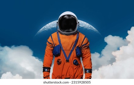 Astronaut and Moon surface with clouds. Future Artemis mission from Earth planet on Moon satellite. Spaceman. Return of astronauts. Elements of this image furnished by NASA  - Powered by Shutterstock