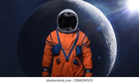 Astronaut and Moon surface in deep bright space. Future Artemis mission from Earth planet on Moon satellite. Spaceman. Return of astronauts. Elements of this image furnished by NASA  - Powered by Shutterstock
