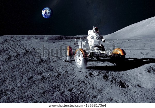 Astronaut near the\
moon rover on the moon. With land on the horizon. Elements of this\
image were furnished by\
NASA.