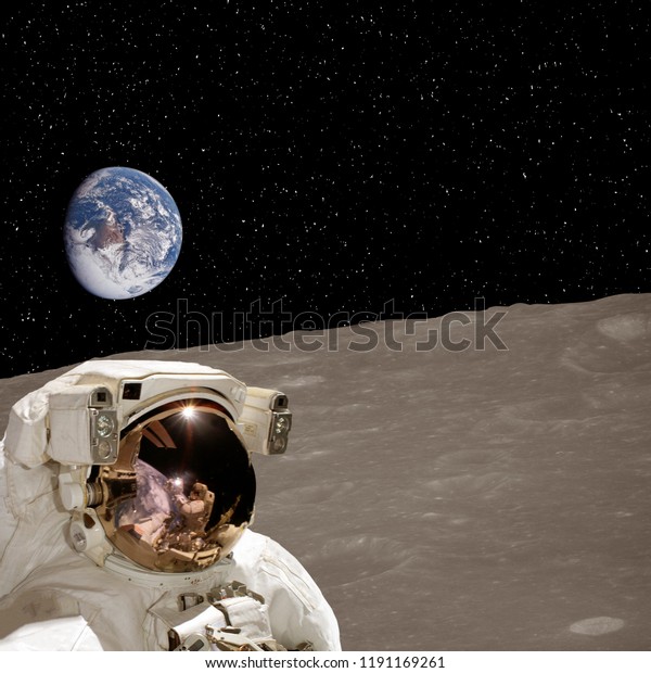Astronaut on the moon and\
earth planet on the background. The elements of this image\
furnished by NASA.\
