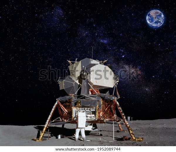 Astronaut on\
moon (lunar) landing mission with earth on the background. Elements\
of this image furnished by\
NASA.