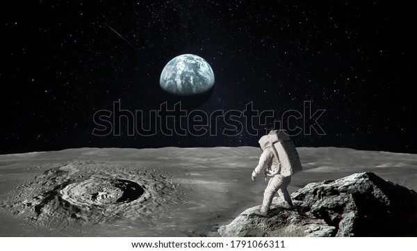 Astronaut on Moon surface with\
crater and stone against Earth planet. Apollo mission. Space\
wallpaper with planets and stars. Elements of this image furnished\
by NASA