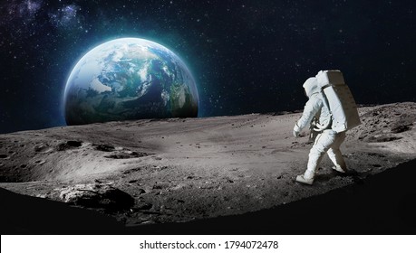 Astronaut Moon surface  Earth planet background  Apollo space program  Expedition to satellite  Elements this image furnished by NASA
