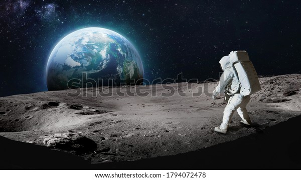 Astronaut on Moon surface. Earth planet on\
background. Apollo space program. Expedition to satellite. Elements\
of this image furnished by\
NASA\
