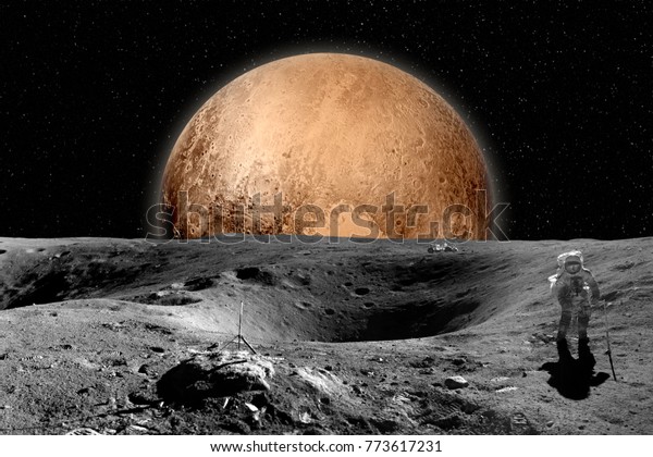 Astronaut on moon surface. Planet Mars\
in background. Elements of this image furnished by\
NASA
