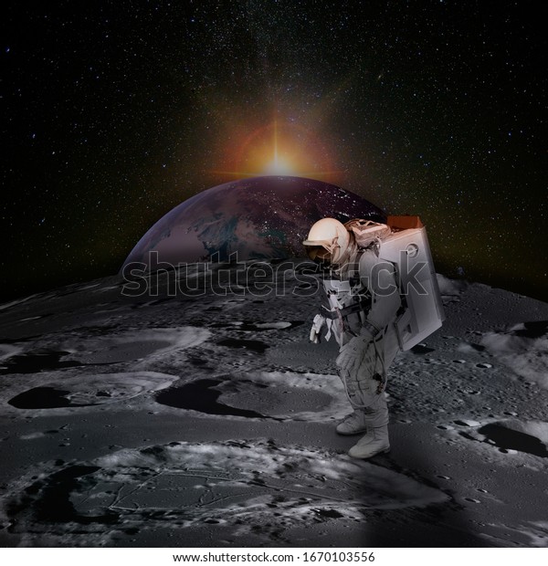 Astronaut on\
moon surface with space background. Planet Earth rises above the\
surface of the Moon, dotted with craters, and the sunlight behind. \
Elements of this image furnished by\
NASA.
