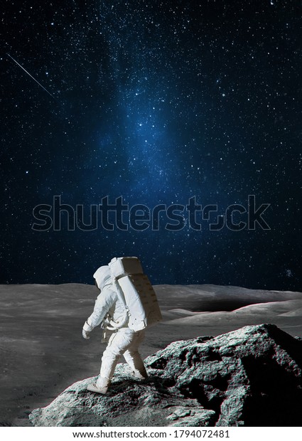 Astronaut on Moon surface. Vertical wallpaper.\
Apollo space program. Expedition to Moon. Elements of this image\
furnished by NASA\
