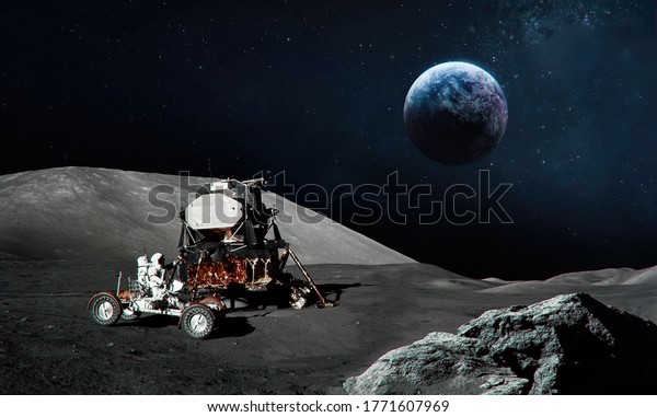 Astronaut on rover on Moon surface. Apollo space\
program. Earth planet and stars on background. Craters. Elements of\
this image furnished by\
NASA