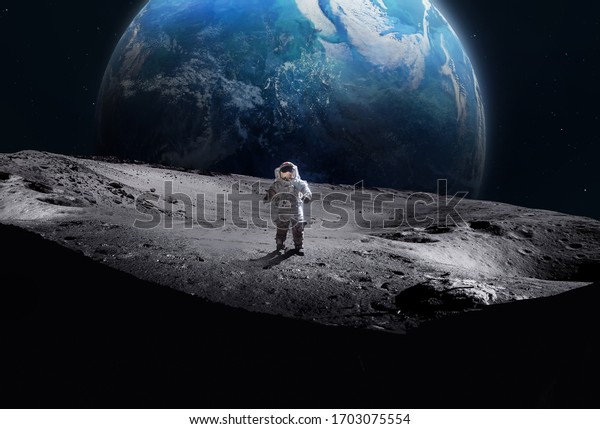 Astronaut on the surface of Moon. Planet Earth on\
the background. Apollo space program. Elements of this image\
furnished by NASA.