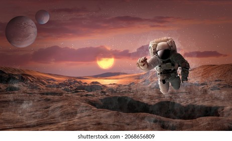 Astronaut in outer space over the planet Earth.Stars provide the background.erforming a space above planet Earth.Sunrise,sunset.Our home.Astronaut in a suitElements of this Image Furnished by NASA