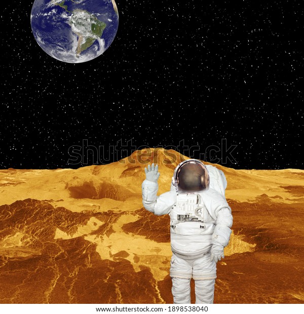 Astronaut posing on extrasolar planet. Earth\
similar planet on the background. The elements of this image\
furnished by\
NASA.\
\
