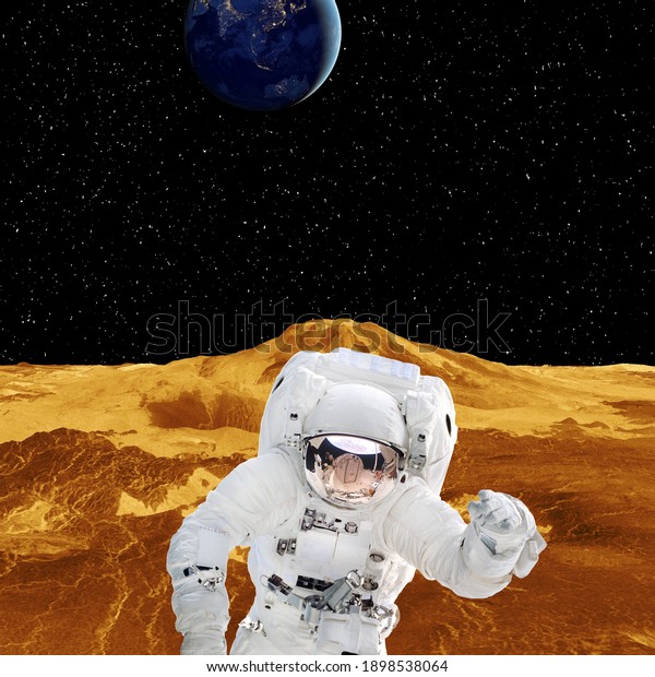 Astronaut posing on extrasolar planet. Earth\
similar planet on the background. The elements of this image\
furnished by\
NASA.\
\
