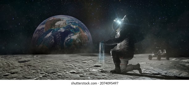 Astronaut sits on his knee on the lunar surface and pours blue earth's soil through his fingers. Planet Earth rise at the horizon. Elements of this image furnished by NASA. - Powered by Shutterstock