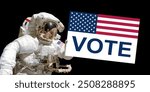 Astronaut in space holding a sign VOTE, US presidential election 2024 - elements of this image are provided by NASA