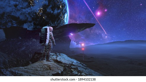 An Astronaut In Space Suit Standing On Alien Rocky Planet Under Stars On The Sky Communicating With Drone Butterfly