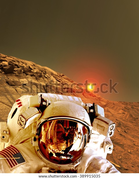 Astronaut\
spaceman helmet planet Mars surface martian colony space landscape.\
Elements of this image furnished by\
NASA.