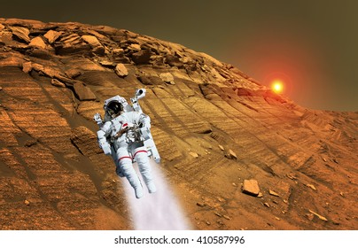 Astronaut Spaceman Suit Planet Mars Jet Pack Jetpack Space Landscape. Elements Of This Image Furnished By NASA.