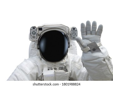 Astronaut in spacesuit raise hand as greeting. Isolated on white background. Elements of this image furnished by NASA