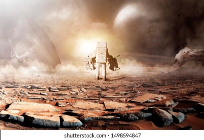 Astronaut walking on ground an unexplored planet in the space, Si-Fi astronaut digital art with planet background. This image elements furnished by NASA.