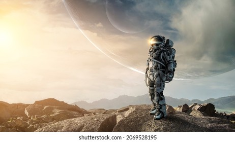 Astronaut walking on an unexplored planet . Mixed media