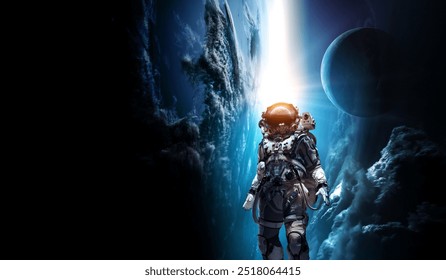 Astronaut walking on an unexplored planet