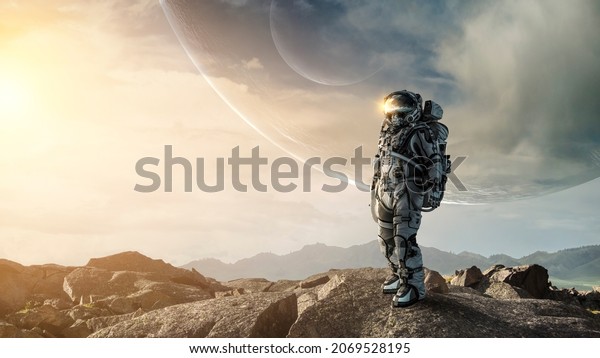 Astronaut\
walking on an unexplored planet . Mixed\
media