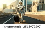 Astronaut, woman and suitcase in city for travel survival, planet dystopia and spacesuit of aerospace mission. Earth, person and luggage with emergency safety, sci fi journey and adventure of explore